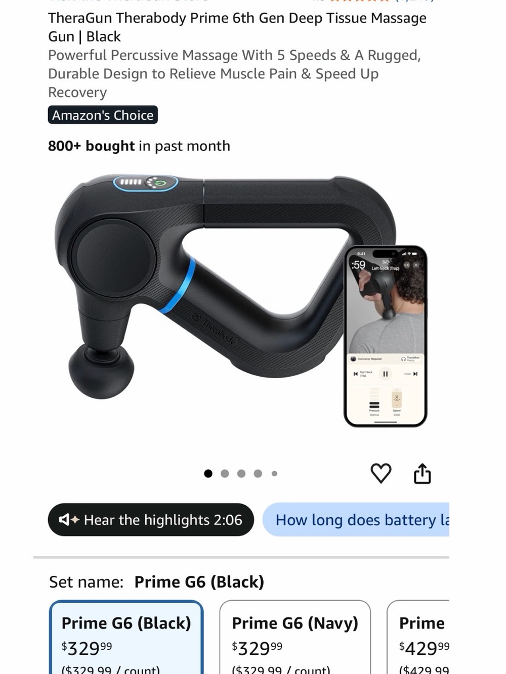 Therabody Prime G6 Massage Gun - Black with Blue Accent